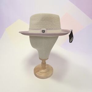 STACY ADAMS  "TYRONE" POLY BRAIDED PINCH FRONT LAVENDER/ CREAM MENS FEDORA HAT.